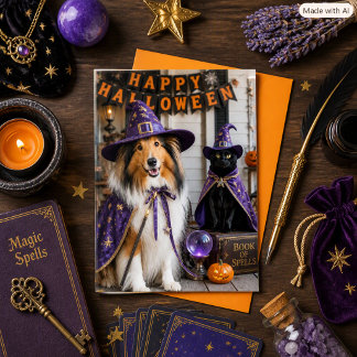 Cartão Feiticeiros Caprichosos Collie & Gato Halloween Do