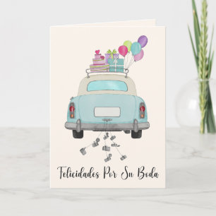Cartão Felicidades Espanholas Dia de Casamento Carro Retr