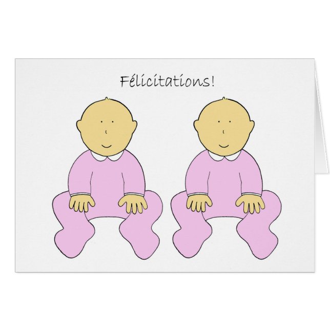 Cartão Félicitations, bebés gêmeos, em francês (Frente Horizontal)