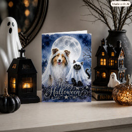 Cartão Feliciz Halloween Fantasmas Collie & Gato Dobrado