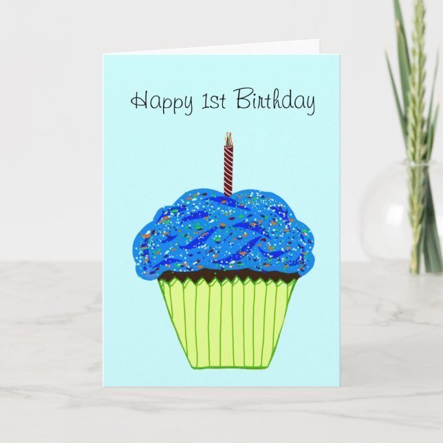 Cartão Feliz 1º Aniversário Blue Cupcake Qualquer IDADE (Frente)