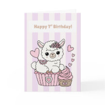 Feliz 1º Aniversário Carta de Llama Fofa Menina | 