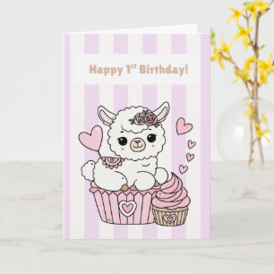 Cartão Feliz 1º Aniversário Carta de Llama Fofa Menina