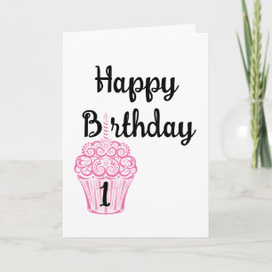 Cartão Feliz 1º Aniversário Cupcake Rosa