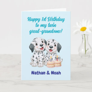 Cartão Feliz 1º Aniversário Gêmeos Bisnetos, Cachorrinhos