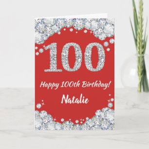 Cartão Feliz 100º aniversário, Red e Silver Glitter Card