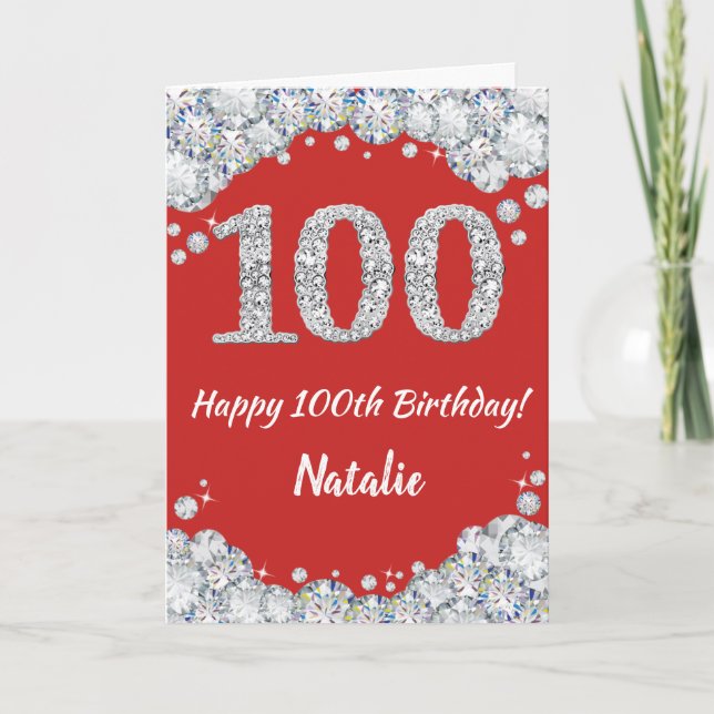 Cartão Feliz 100º aniversário, Red e Silver Glitter Card (Frente)