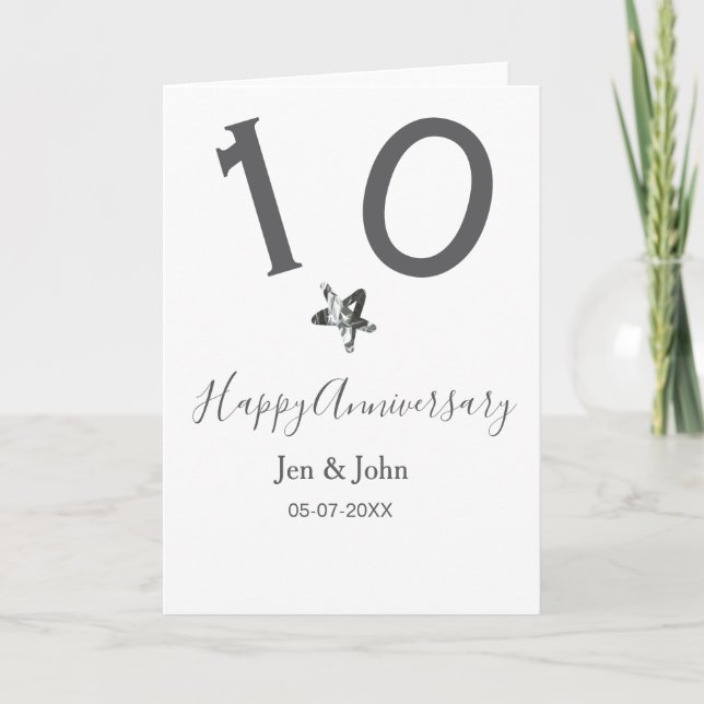Cartão Feliz 10.º aniversário nome data cinza estrela de  (Frente)