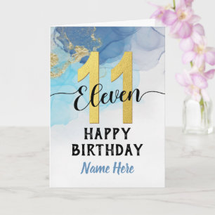 Cartão Feliz 11 Aniversário Aquarela Azul e Ouro