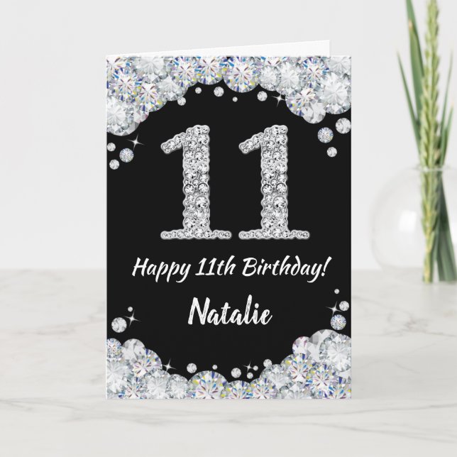 Cartão Feliz 11 Aniversário Negro e Silver Gliter Card (Frente)