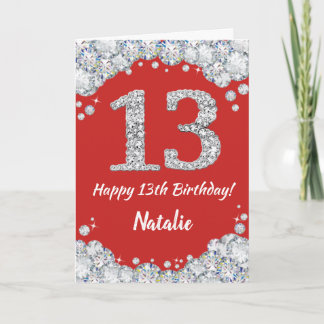 Cartão Feliz 13 Aniversário Vermelho e Silver Glitcard