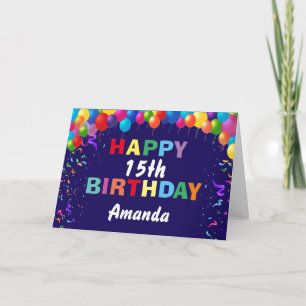 Cartão Feliz 15 Aniversário Balões Coloridos Marinho Az