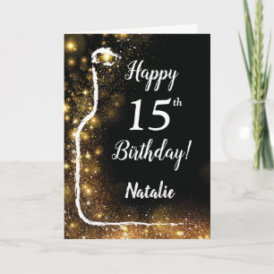 Cartão Feliz 15 Aniversário Negro e Dourado Vinho Leve