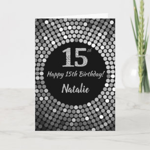 Cartão Feliz 15 Aniversário Negro e Silver Gliter Card