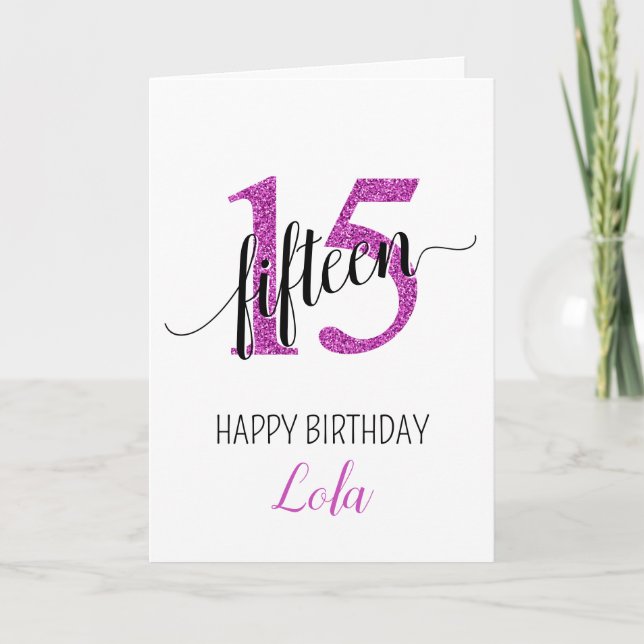 Cartão Feliz 15 de Aniversário Rosa-Cinza (Frente)