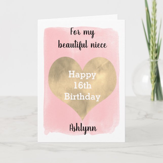 Cartão Feliz 16.º Aniversário Rosa e Dourado Para a Minha (Frente)