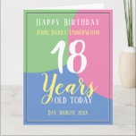 Cartão Feliz 18º aniversário<br><div class="desc">Celebre um aniversário com um cartão personalizado mostrando o nome do destinatário,  o número de anos e a data. Adicione um dentro de mensagem também. Cartão de aniversário para 18 anos. Feliz 18º aniversário.</div>