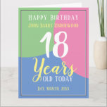 Cartão Feliz 18º aniversário<br><div class="desc">Celebre um aniversário com um cartão personalizado mostrando o nome do destinatário,  o número de anos e a data. Adicione um dentro de mensagem também. Cartão de aniversário para 18 anos. Feliz 18º aniversário.</div>