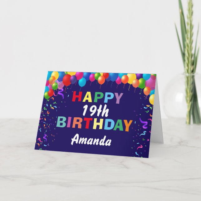 Cartão Feliz 19º aniversário Balões Coloridos Marinho Azu (Frente)