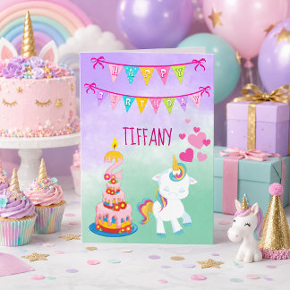 Cartão Feliz 2º Aniversário Bebê Menina Tema Unicórnio
