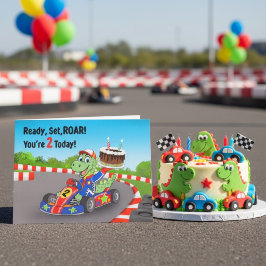 Cartão Feliz 2º Aniversário Dinossauro Carro de Corrida V