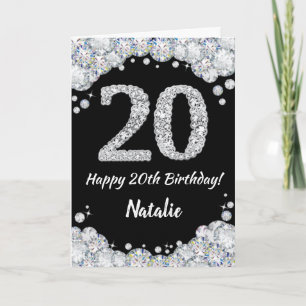 Cartão Feliz 20 Aniversário Negro e Silver Gliter Card
