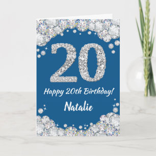 Cartão Feliz 20 Birthday Blue e Silver Glitcard