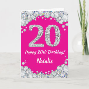 Cartão Feliz 20 de aniversário, rosa quente e brilho prat