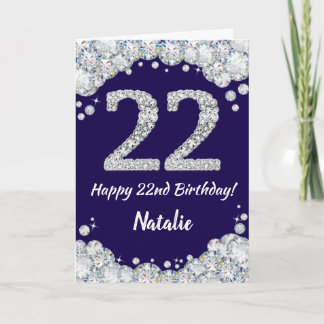 Cartão Feliz 22º aniversário Marinho Azul e Silver Glitte