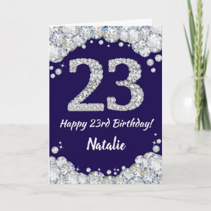 Cartão Feliz 23º aniversário Marinho Azul e Silver Glitte