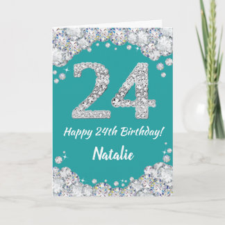 Cartão Feliz 24.º Aniversário, Teal e Silver Glitter Card