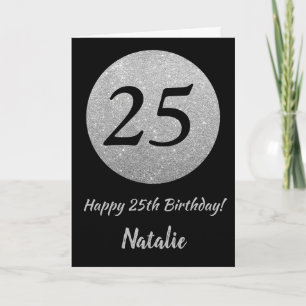 Cartão Feliz 25 Aniversário Negro e Silver Gliter Card
