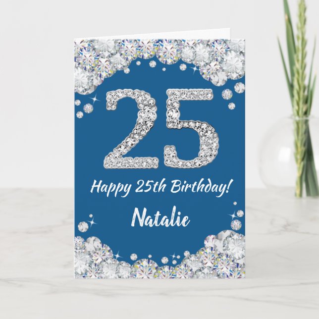 Cartão Feliz 25 Birthday Blue e Silver Glitcard (Frente)