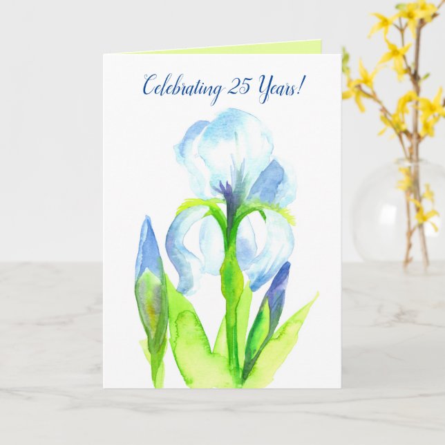 Cartão Feliz 25 Casamento Aniversário Watercolor Iris (Flor Amarela)