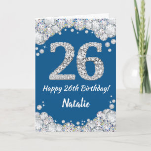 Cartão Feliz 26.º Aniversário, Azul e Silver Glitter Card