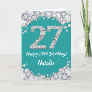 Cartão Feliz 27.º Aniversário, Teal e Silver Glitter Card