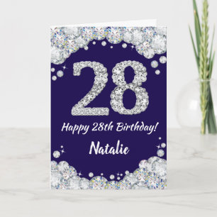 Cartão Feliz 28º aniversário Marinho Azul e Silver Glitte