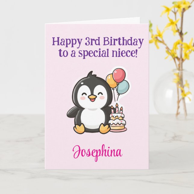 Cartão Feliz 3º Aniversário Sobrinha, Pinguim, Personaliz (Flor Amarela)