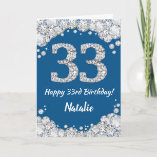 Cartão Feliz 33º Aniversário Azul e Silver Glitter