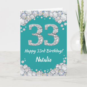 Cartão Feliz 33.º Aniversário, Teal e Silver Glitter Ca