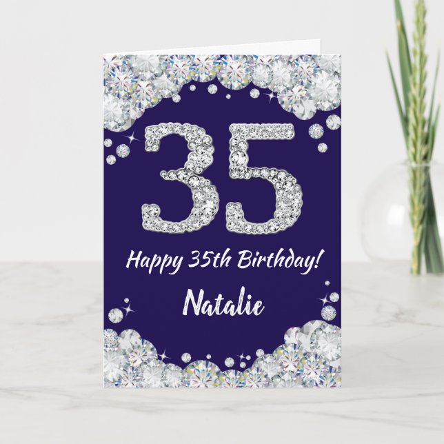 Cartão Feliz 35º aniversário Marinho Azul e Silver Glitte (Frente)