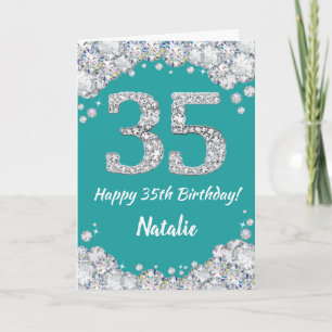 Cartão Feliz 35.º Aniversário, Teal e Silver Glitter Card