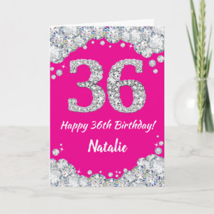 Cartão Feliz 36º aniversário, rosa quente e brilho pratea