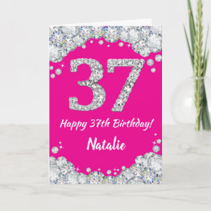 Cartão Feliz 37º aniversário, rosa quente e brilho pratea