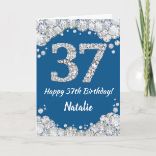 Cartão Feliz 37.º Aniversário, Azul e Silver Glitter Card