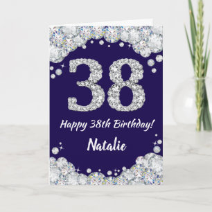 Cartão Feliz 38º aniversário Marinho Azul e Silver Glitte