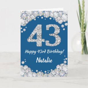 Cartão Feliz 43º Aniversário, Azul e Silver Glitter Card
