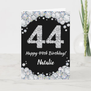 Cartão Feliz 44 Aniversário Negro e Silver Gliter Card