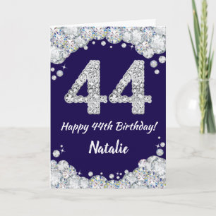 Cartão Feliz 44 Birthday Marinho Azul e Silver Glitter