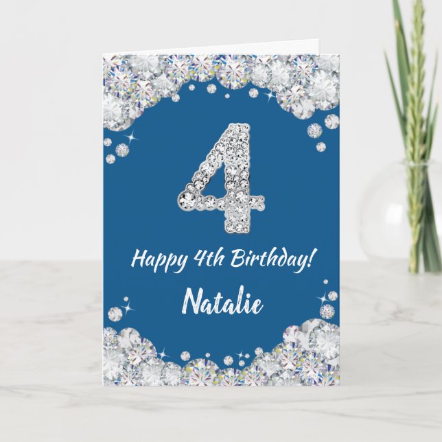 Cartão Feliz 4.º Aniversário, Azul e Silver Glitter Card (Frente)